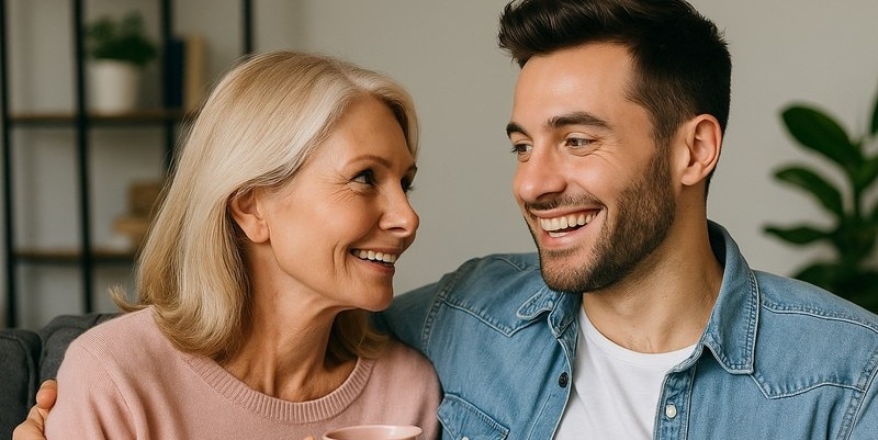 Older woman and younger man walking and smiling outdoors