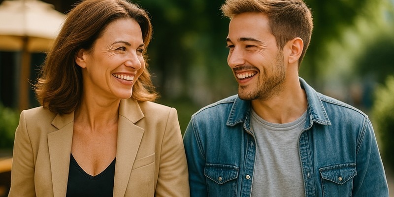 Older woman smiling with younger man indoors